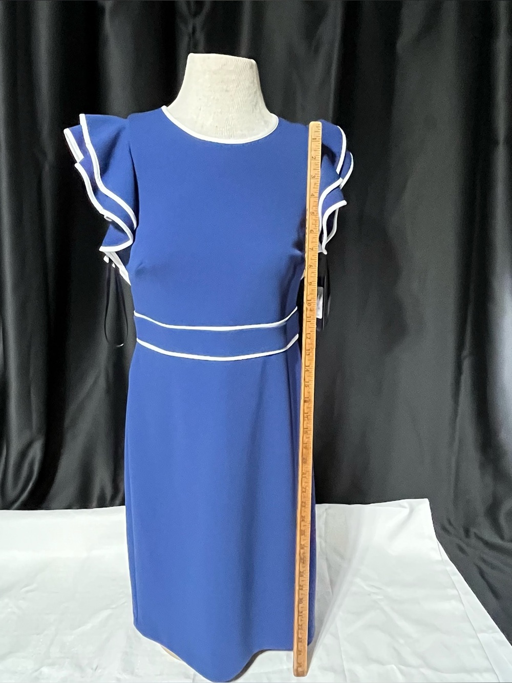 Blue Ruffle Sleeve Sheath Dress with White Trim